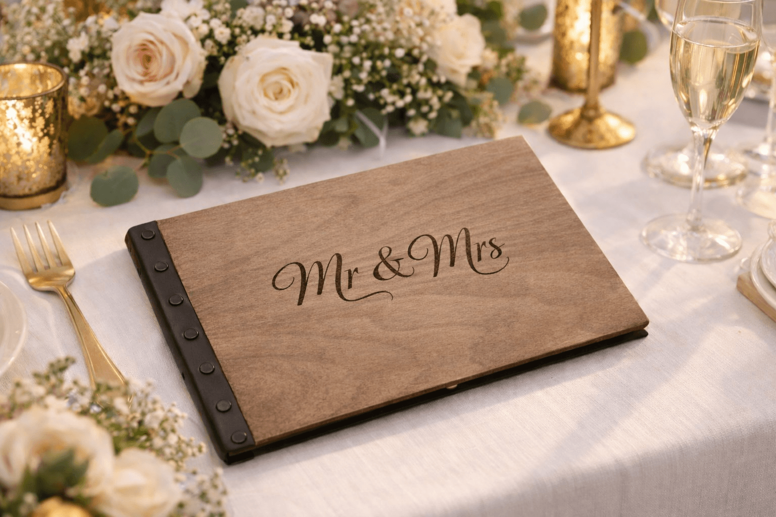 Ein Gästebuch in Form von einem Fotoalbum aus Holz mit der Gravur Mr und Mrs
